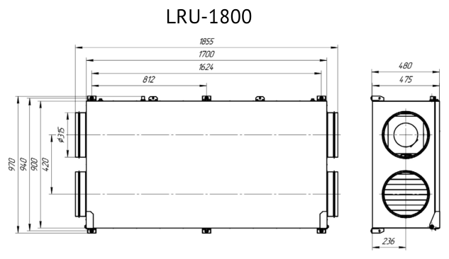 Габаритные размеры LRU-1800-PNWN-FP, мм — Приточно-вытяжная установка Supervent LRU-1800-PNWN-FP